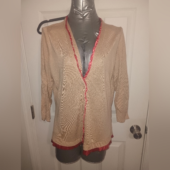 New York & Company Beige Cardigan with Crimson Accents - Picture 1 of 5